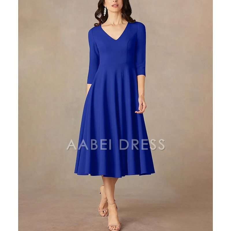 AABEI DRESS Wedding Guest Dress Elegant A-Line V Neck Tea Length 3/4 Length Sleeve Minimalist Mother of the Bride Dress