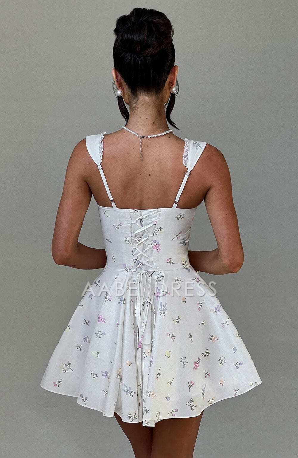 AABEI DRESS Hot Sale Homecoming Dress A Line Wide Shoulder Strap Sleeveless Floral Print Mini Dress Sweet Short Prom Dresse
