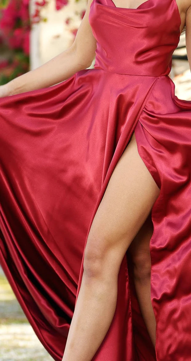 Evening Dress A-line Satin Gown Cowl Neck Bodice Delicate Tie Spaghetti Straps Open Back Side Fork Formal Wear Dresses