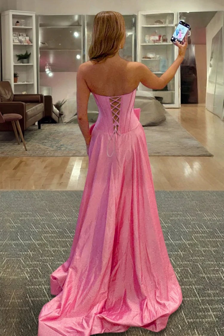 Pink Strapless A-Line Satin Prom Dress Corset Lace Up Back Big Bow Formal Gown