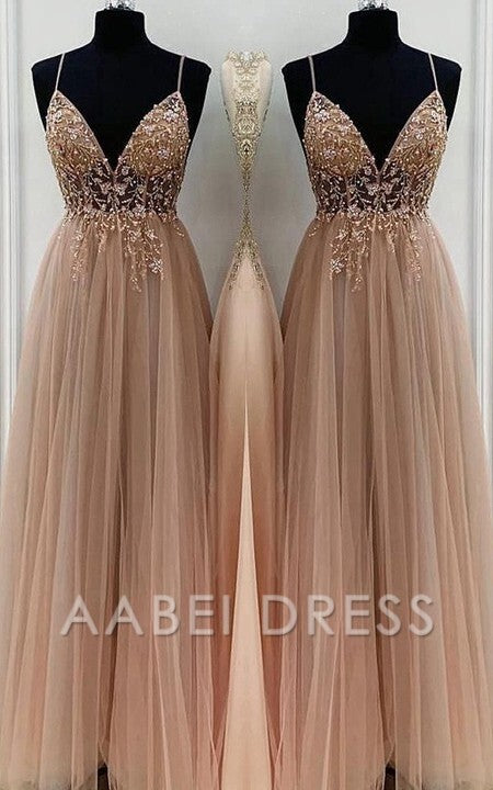 AABEI DRESS High Quality Prom Dresses A-Line Elegant Beading Tulle Spaghetti Straps Sleeveless Floor-Length Dresses