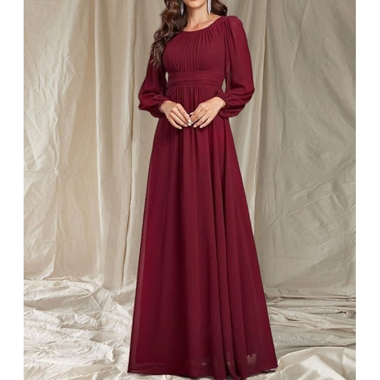 AABEI DRESS Wedding Guest Dress Elegant A-Line Crew Neck Long Sleeve Floor Length Chiffon Ruching Simple Mother of the Bride Dress