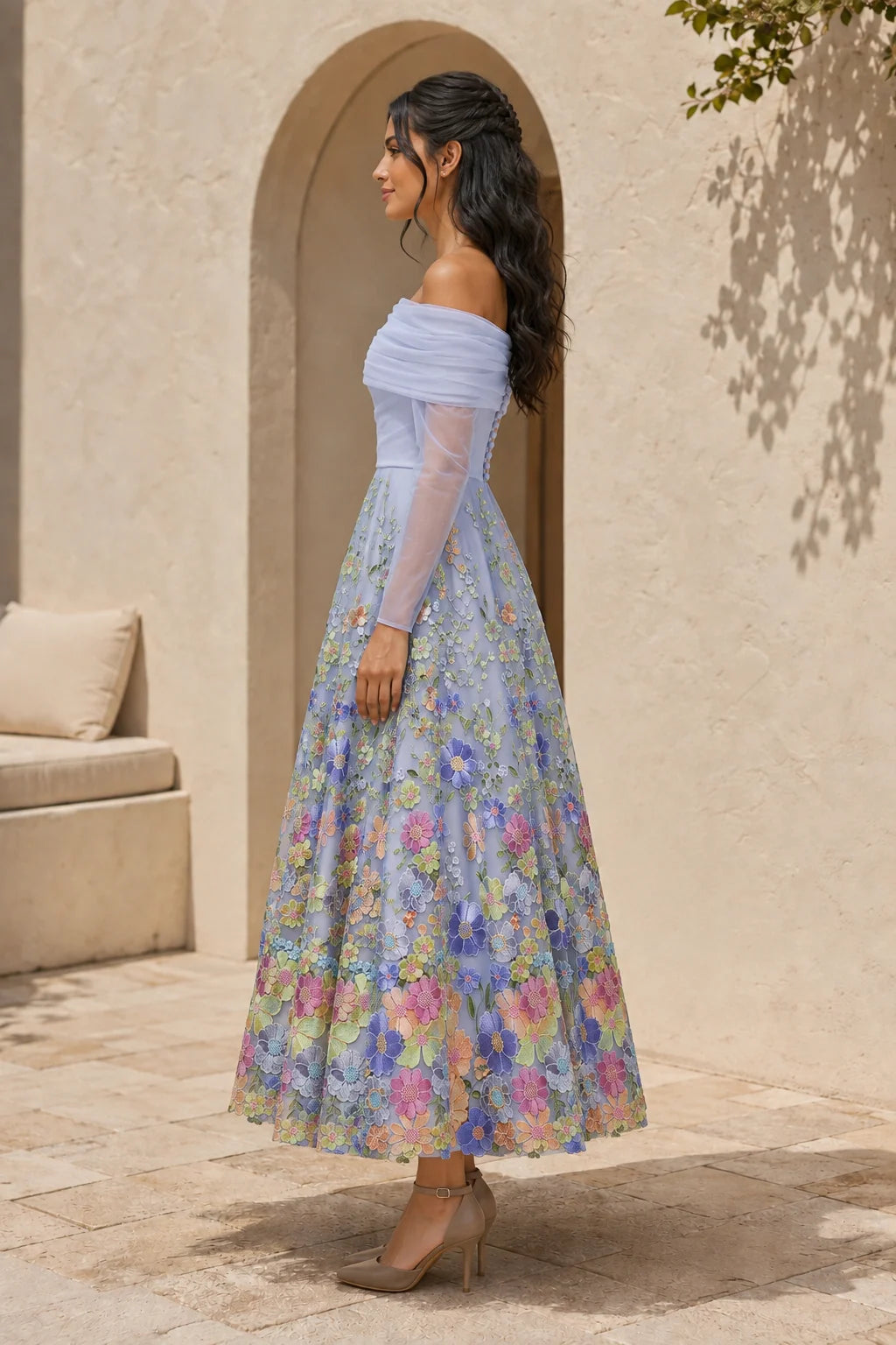 Off shoulder tulle long sleeve colorful floral applique midi a-line gown
