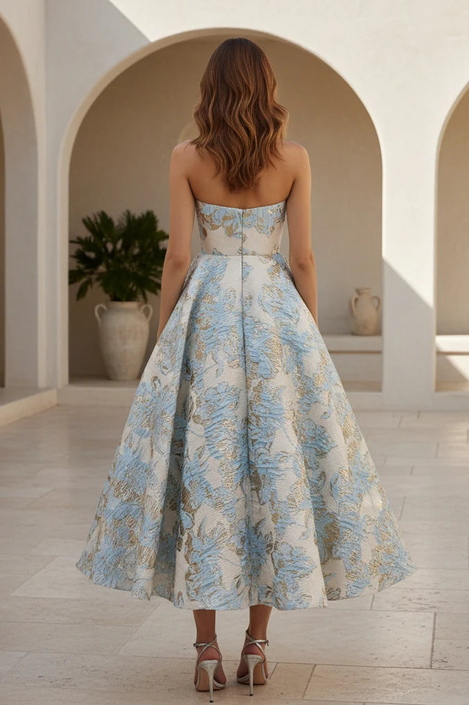 Strapless jacquard floral print midi a-line formal party gown