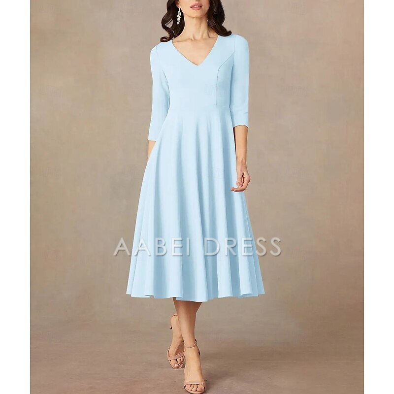 AABEI DRESS Wedding Guest Dress Elegant A-Line V Neck Tea Length 3/4 Length Sleeve Minimalist Mother of the Bride Dress