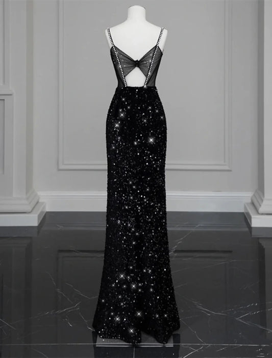 Mermaid / Trumpet Evening Gown Sparkle & Shine Dress Formal Wedding Guest Floor Length Sleeveless Spaghetti Strap Sequined with Bow(s) Crystals Sequin