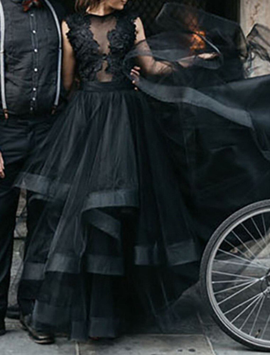 Black Evening Dresses Formal Fall A-Line Illusion Neck Sleeveless Sweep / Brush Train Tulle Gothic Halloween Engagement Bridal Gowns With Appliques Cascading Ruffles