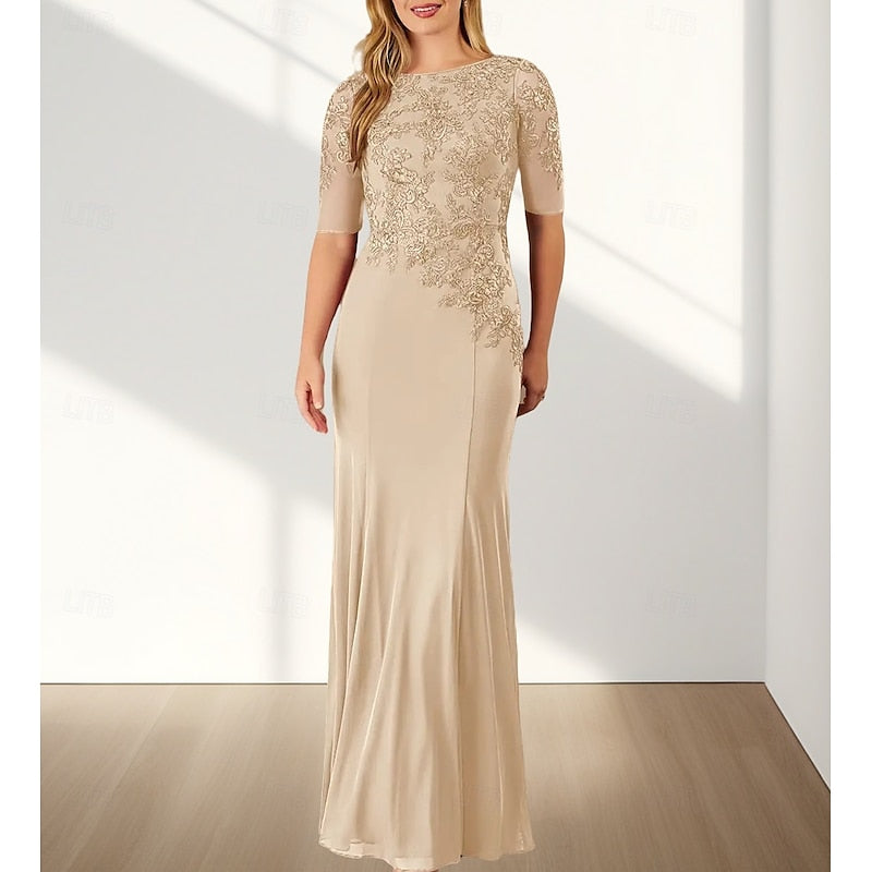AABEI DRESS Wedding Guest Dress Mermaid  Elegant Crew Neck Floor Length Chiffon Half Sleeve with Appliques Mother of the Bride Dress
