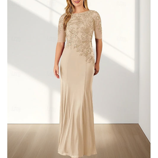 AABEI DRESS Wedding Guest Dress Mermaid  Elegant Crew Neck Floor Length Chiffon Half Sleeve with Appliques Mother of the Bride Dress