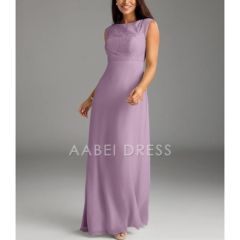 AABEI DRESS Wedding Guest Dress Elegant A-Line Crew Neck Cap Sleeve Floor Length Lace Buttons Simple Mother of the Bride Dress