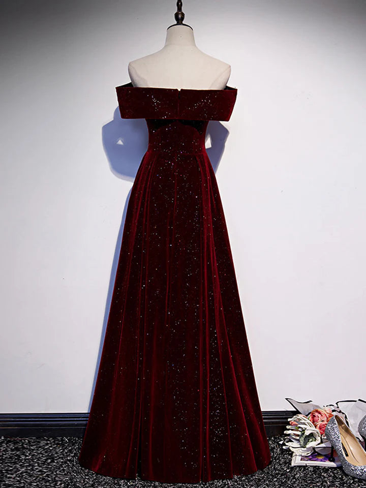 A-Line Velvet Dress Off Shoulder Long Evening Dress Elegant Formal Shining Dress