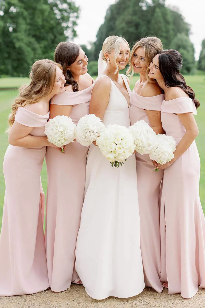Blushing Pink Satin A-Line Off-the-Shoulder Back Zip Floor-Length Dress