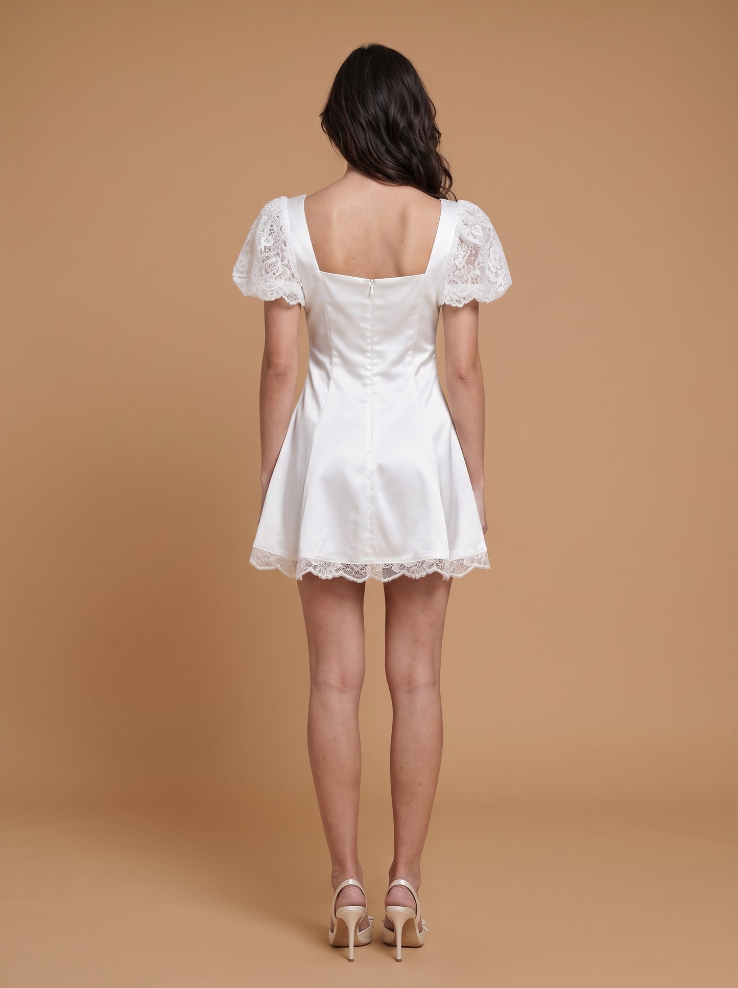 Whimsical A-line Sweetheart-neck Lace-puff-sleeve Solid-back Mini Homecoming Dress