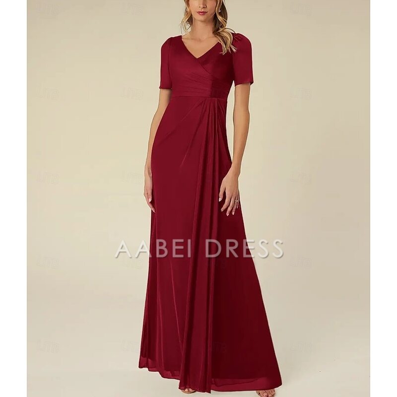 AABEI DRESS Wedding Guest Dress Elegant A-Line V Neck Short Sleeve Floor Length Pleated Simple Mother of the Bride Dress