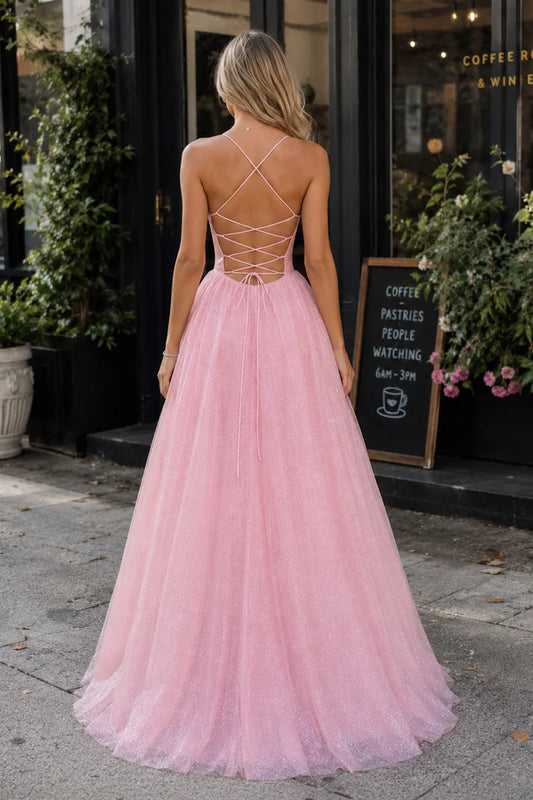 Pink Glitter Tulle A-Line Gown V Neck Spaghetti Straps Lace Up Back Prom Dress