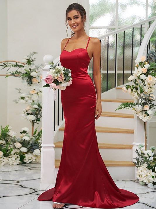Sheath/Column Woven Satin Ruched Square Sleeveless Sweep/Brush Train Bridesmaid Dresses