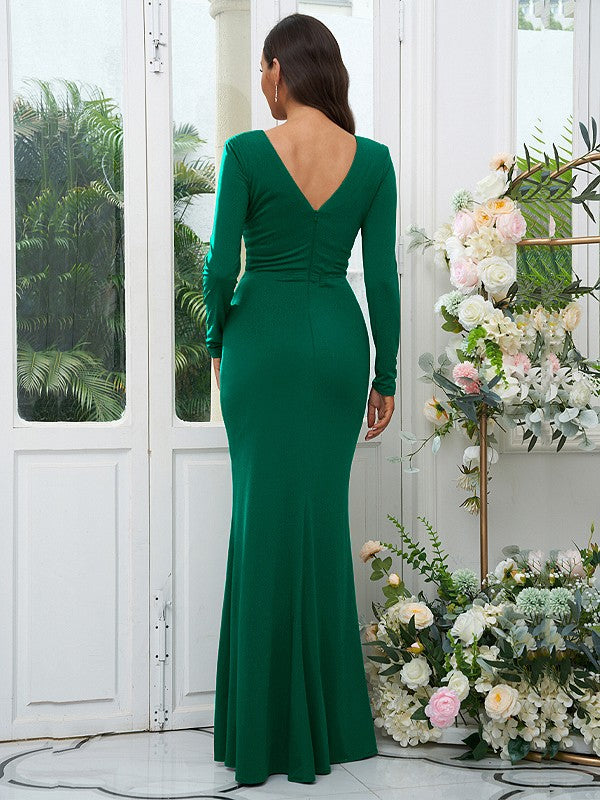 Sheath/Column Jersey Ruched V-neck Long Sleeves Floor-Length Bridesmaid Dresses