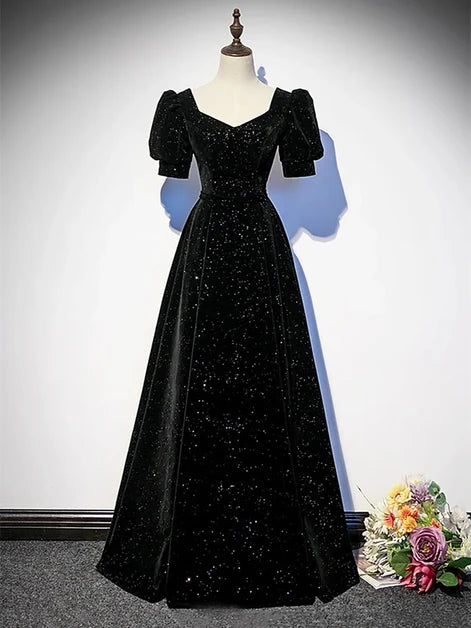 Black Glitter Velvet A-Line Sweetheart Lace-Up Back Floor-Length Dress - Aabei Dress