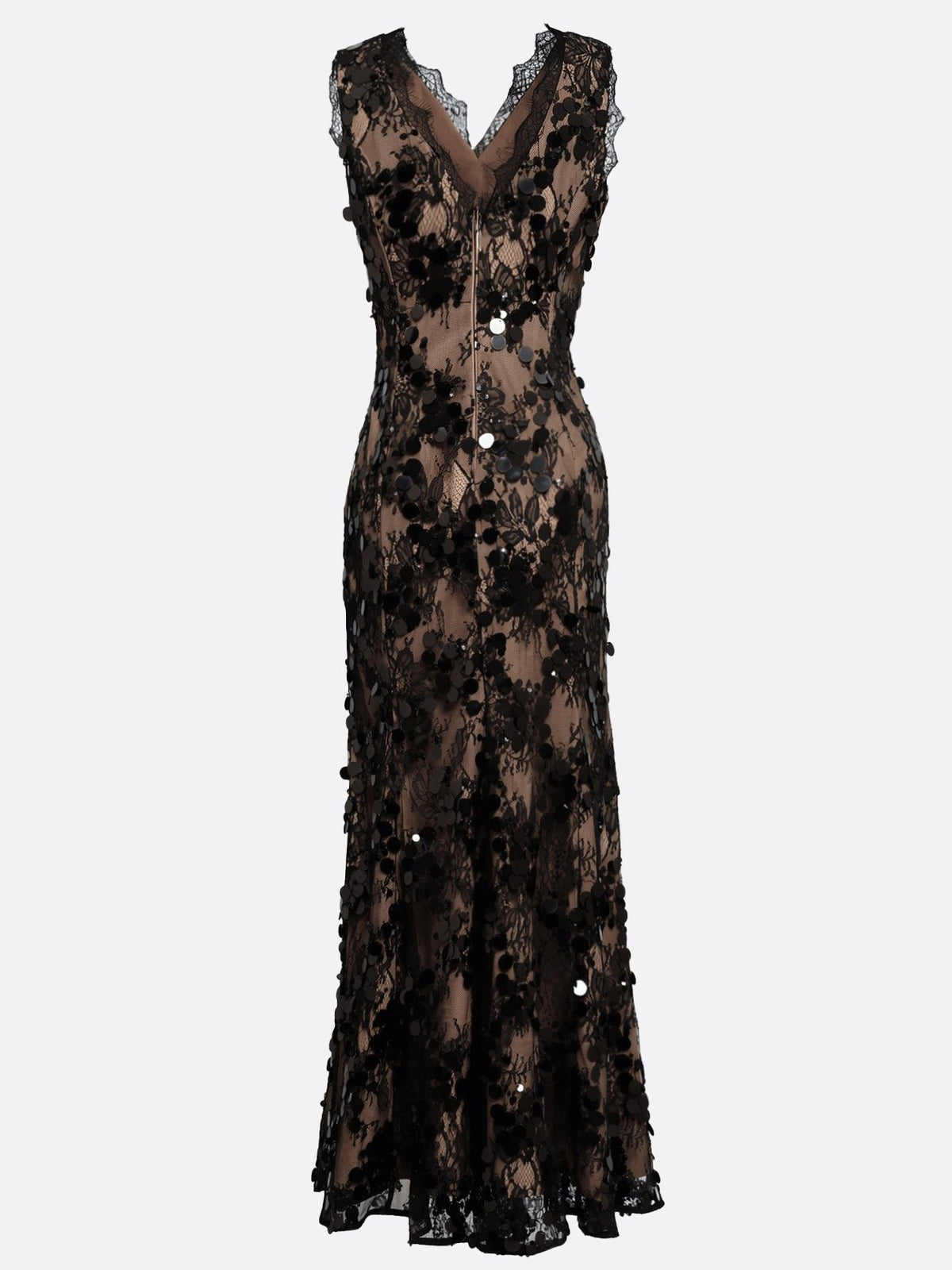 Black Lace Trumpet V-Neck V-Back Floor-Length Dress - Aabei Dress