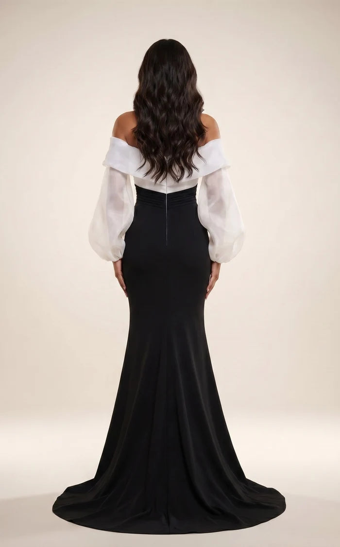 Black Organza & Crepe sheath-column off-the-shoulder floor-length Dress Back View - Aabei Dress