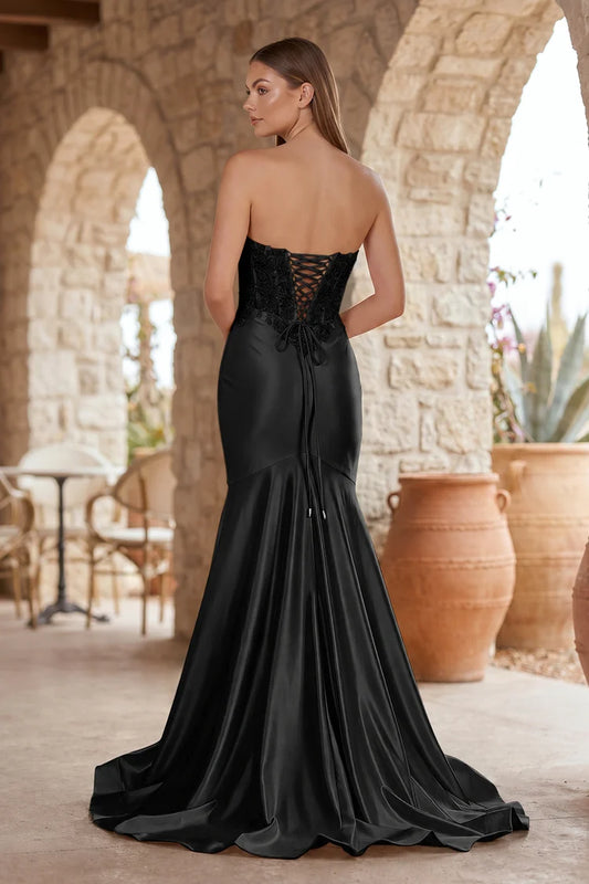 Black Satin and Lace Mermaid Sweetheart Lace-up-back Floor-Length Dress Back View - Aabei Dress