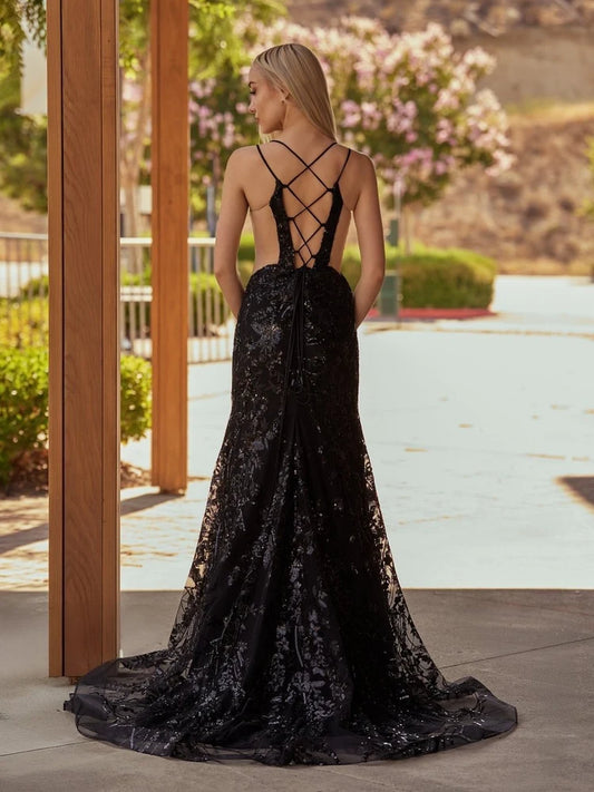 Black Sequin Mermaid V-Neck Lace-up Floor-Length Dress Back View - Aabei Dress