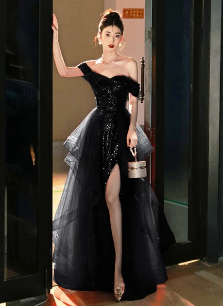 Black Sequin Organza A-Line Off-the-Shoulder Lace-Up Floor-Length Dress - Aabei Dress