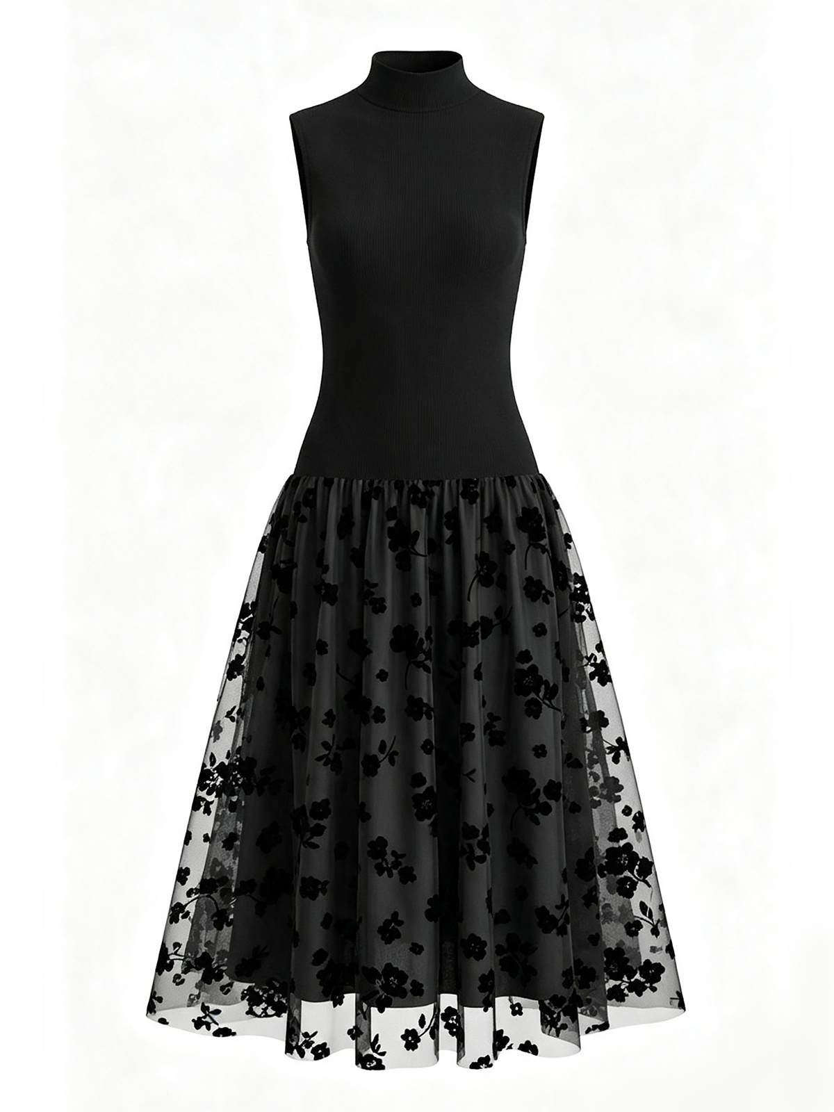 Black Stretch Knit and Flocked Tulle a-line high-neck high-back tea-length Dress - Aabei Dress