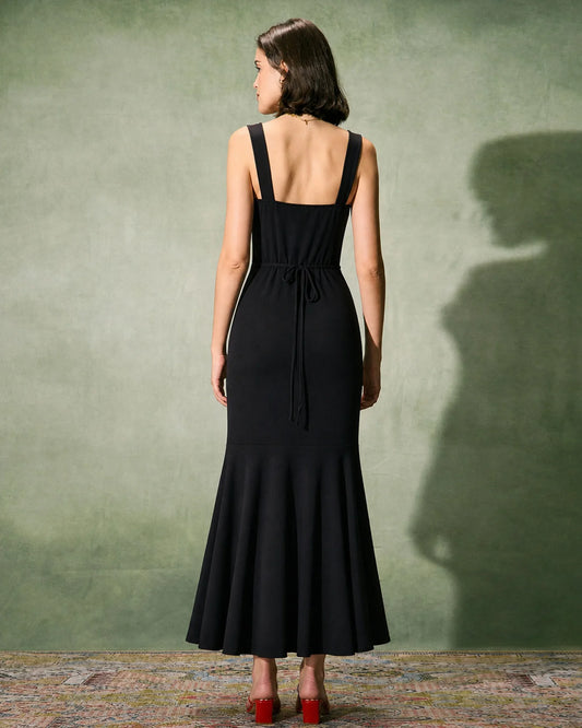Black Stretch Knit Mermaid Sweetheart Tie Back Ankle Length Dress Back View - Aabei Dress