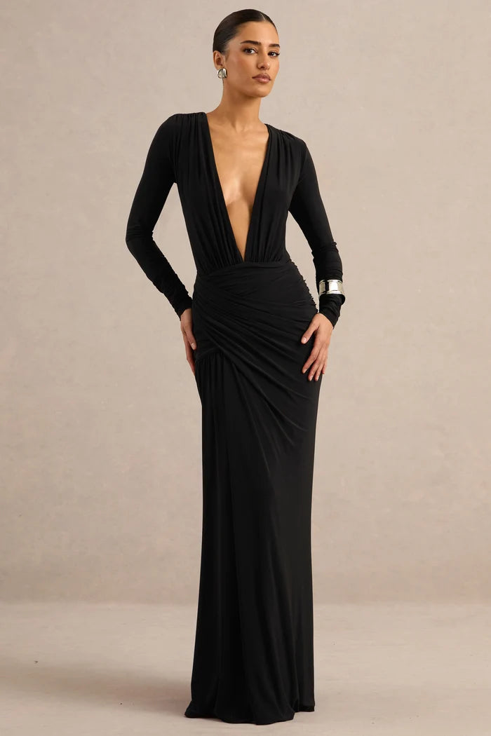 Black Stretch Knit Sheath Column Plunging V-Neck Floor Length Dress - Aabei Dress