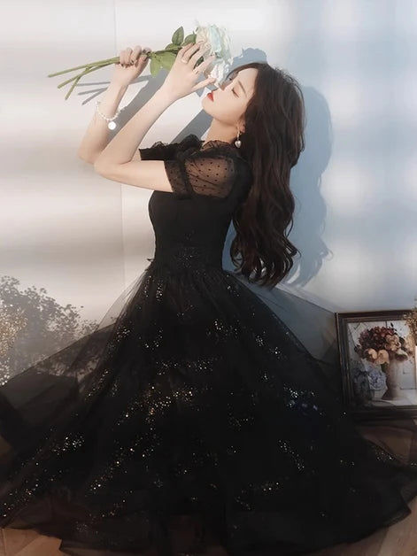 Black Tulle A-Line Square Neck V-Back Tea-Length Dress - Aabei Dress