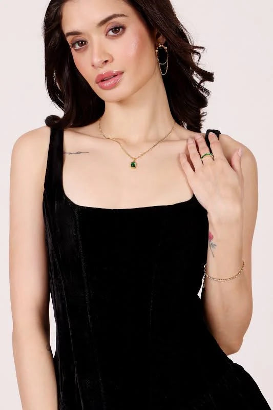 Black Velvet A-Line Square Neck Zipper Back Mini Dress - Aabei Dress