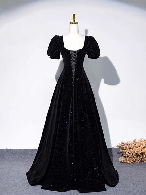 Black Velvet A-Line Sweetheart Lace-up Floor-Length Dress Back View - Aabei Dress
