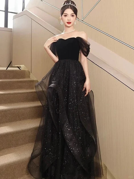 Black Velvet & Glitter Tulle A-Line Off-the-Shoulder Back Zip Floor-Length Dress - Aabei Dress