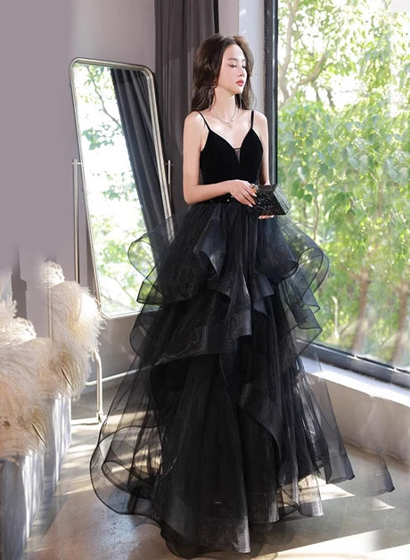 Black Velvet & Organza Ball Gown V-Neck Lace-Up Back Floor-Length Dress - Aabei Dress