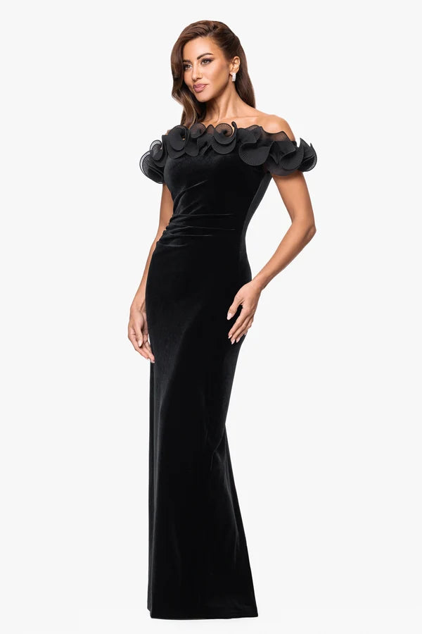 Black Velvet with Organza Sheath Column Off The Shoulder Floor Length Dress - Aabei Dress
