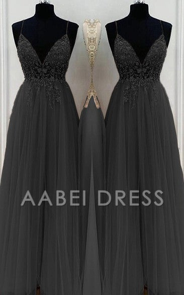 AABEI DRESS High Quality Prom Dresses A-Line Elegant Beading Tulle Spaghetti Straps Sleeveless Floor-Length Dresses