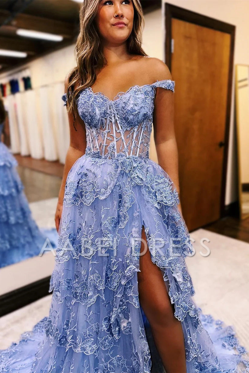 AABEI DRESS A LineTulle Off the Shoulder Sweetheart Tiered Ruffles Prom Dresses With Split Sleeveless Corset Ball Gowns Long Evening Dress