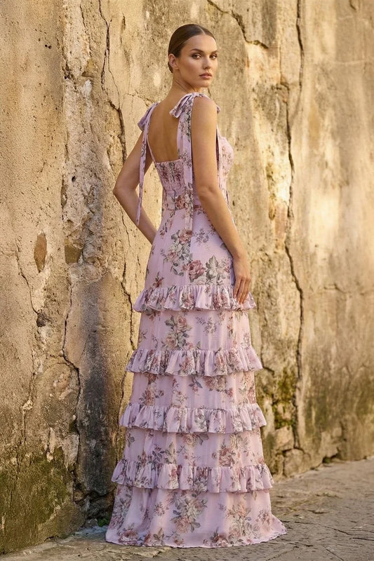 Blushing Pink Chiffon Tiered Sweetheart Tie-Back Floor-Length Dress Back View - Aabei Dress