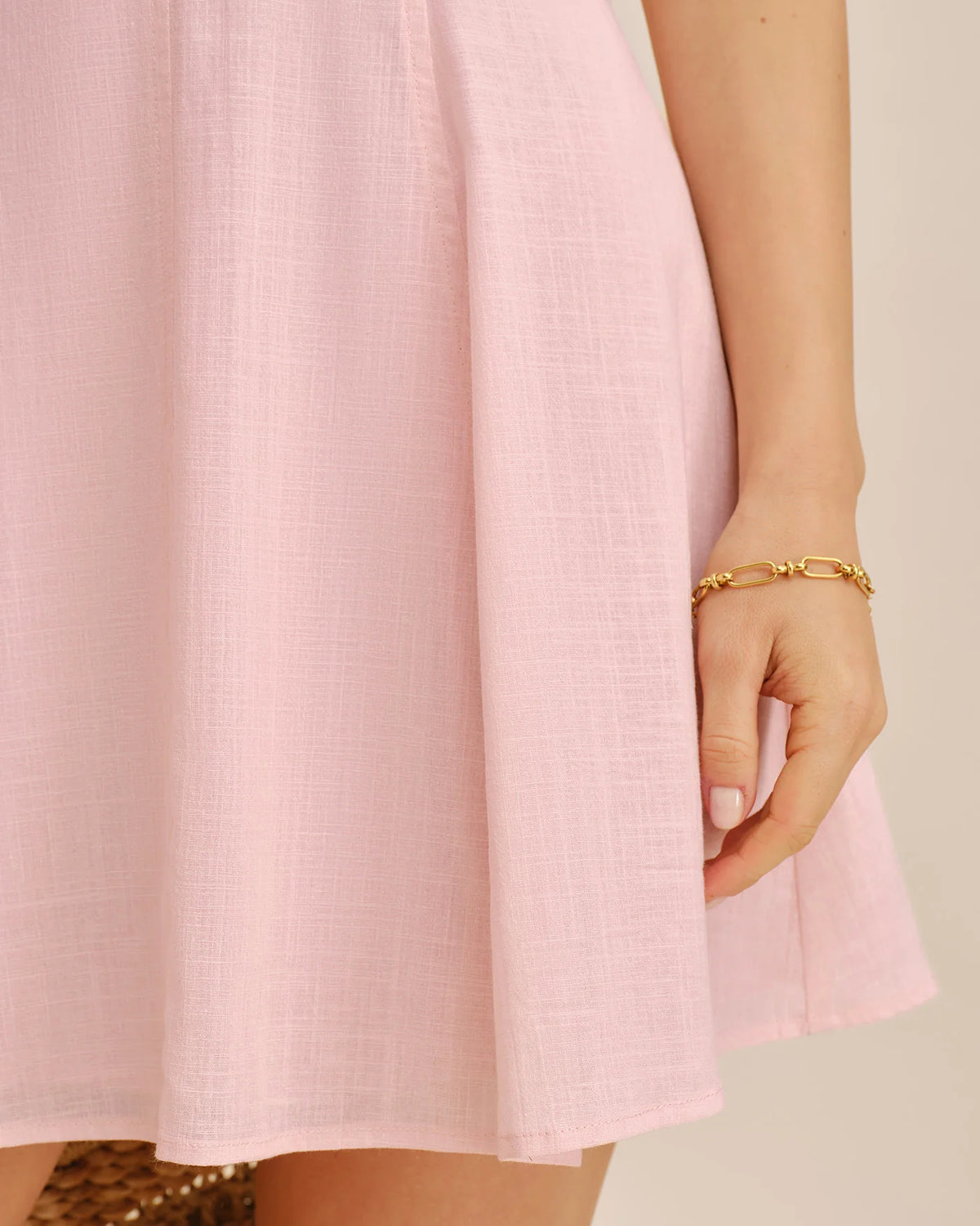 Blushing Pink Cotton Linen Blend with Eyelet Lace A-Line Sweetheart Mini Dress - Aabei Dress