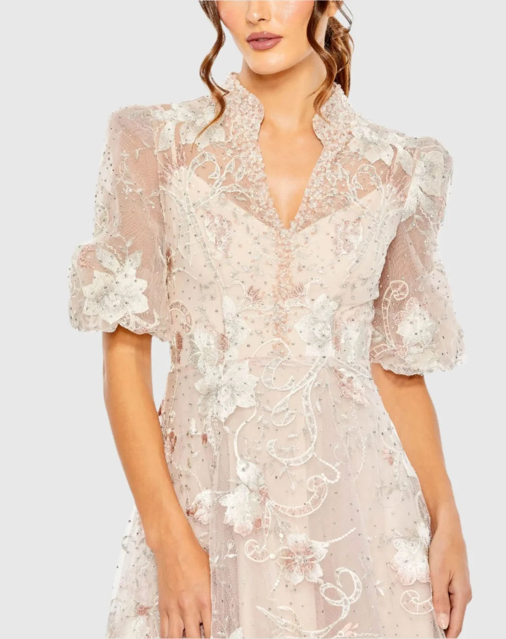 Blushing Pink Mesh A-Line V-Neck High Back Floor-Length Dress - Aabei Dress