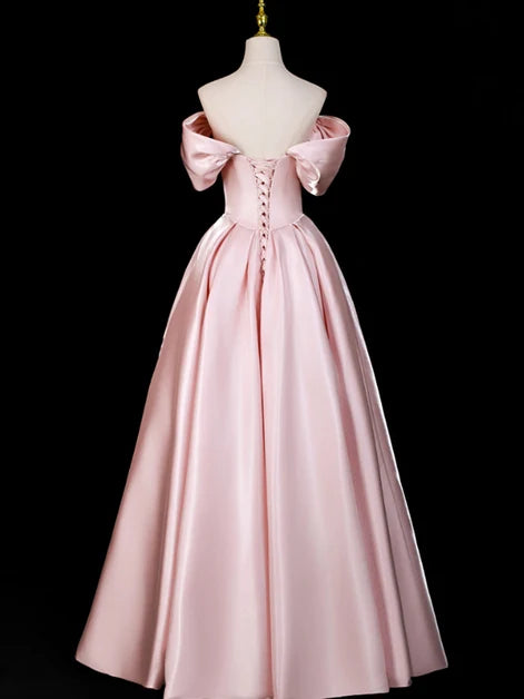 Blushing Pink Satin ball-gown off-the-shoulder lace-up-back floor-length Dress Back View - Aabei Dress