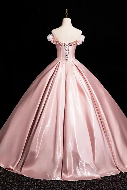 Blushing Pink Satin Ball Gown Off the Shoulder Lace-up Back Floor-Length Dress Back View - Aabei Dress