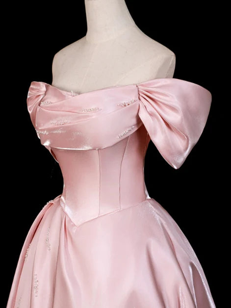 Blushing Pink Satin ball-gown off-the-shoulder lace-up-back floor-length Dress - Aabei Dress
