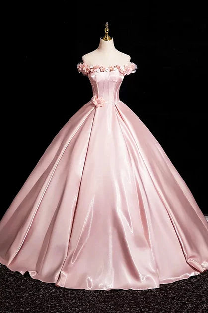 Blushing Pink Satin Ball Gown Off the Shoulder Lace-up Back Floor-Length Dress - Aabei Dress