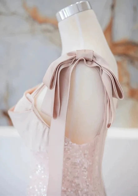 Blushing Pink Sequin & Satin A-Line Cowl Neck Floor-Length Dress - Aabei Dress