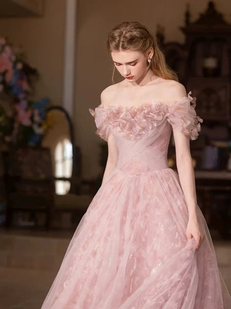 Blushing Pink Tulle A-Line Off-the-Shoulder Lace-Up-Back Floor-Length Dress - Aabei Dress