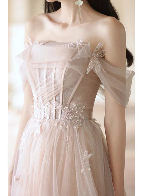 Blushing Pink Tulle A-Line Off-the-Shoulder Lace-up Floor-Length Dress - Aabei Dress