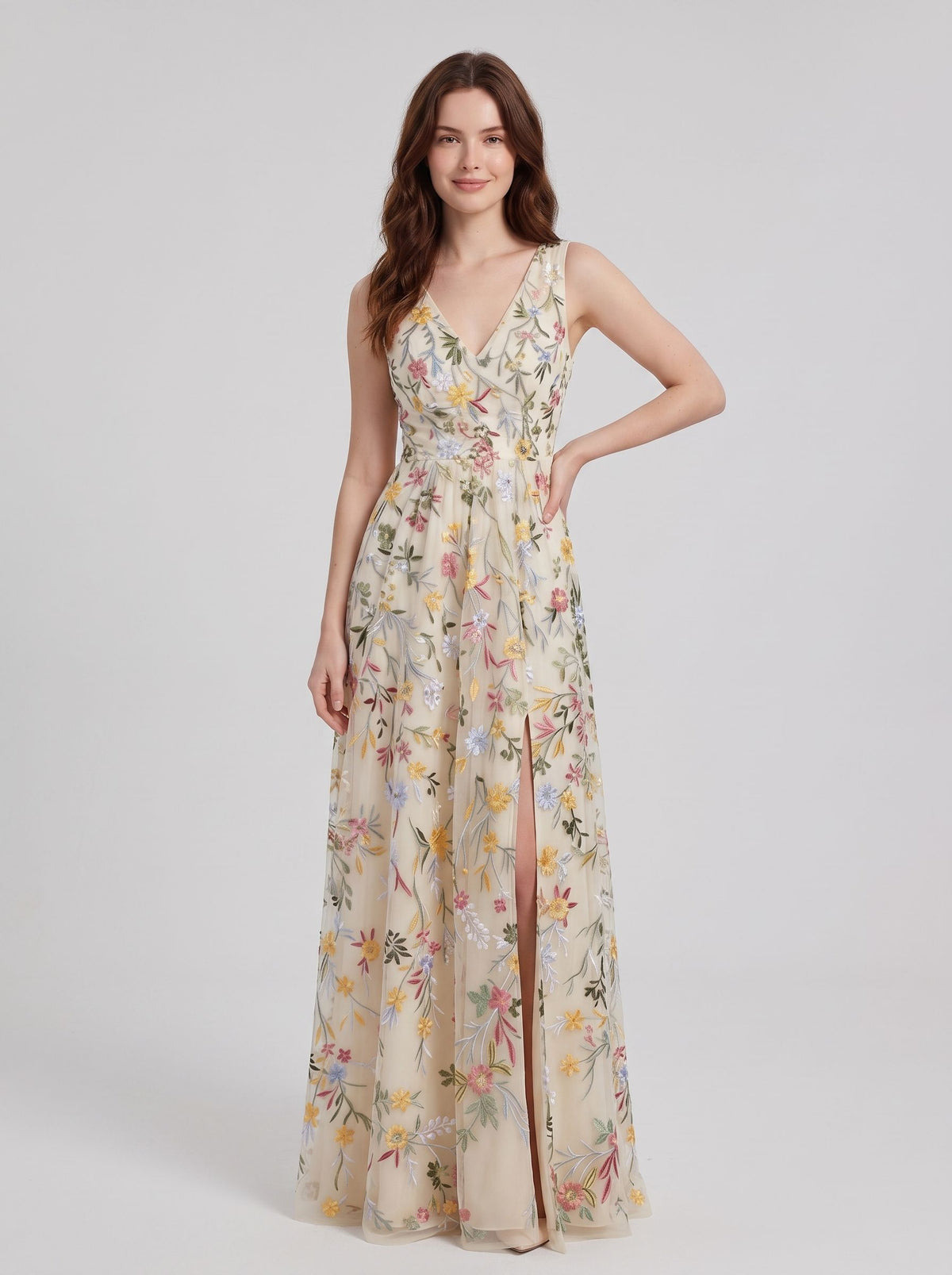 Blushing Pink Tulle A Line V Neck Zipper Back Floor Length Dress - Aabei Dress