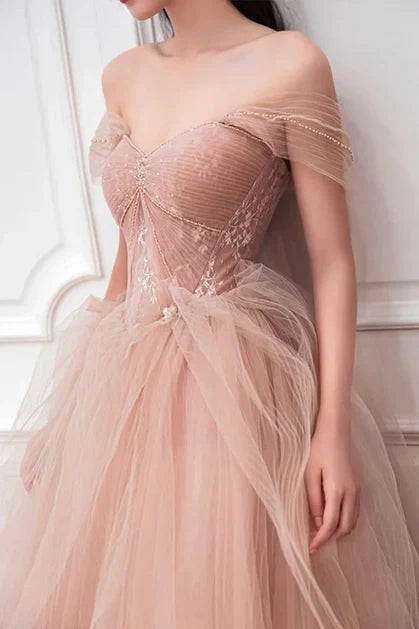 Blushing Pink Tulle and Lace Ball Gown Off the Shoulder Floor-Length Dress - Aabei Dress